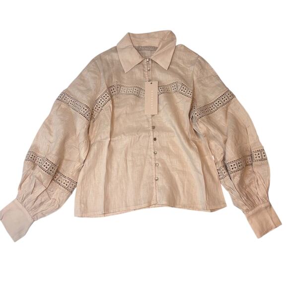 Keepsake Tan Linen Lace Button-Up Blouse XS | Feminine Resort Neutral Top - Picture 4 of 7